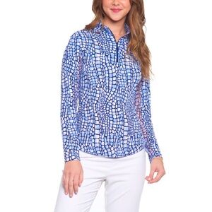 NWT IBKUL CARIE DENIM Long Sleeve Mock Golf Shirt 1/4 Zip